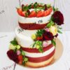 Красно-белый свадебный торт  с живыми цветами СТ120
