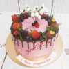 Торт розовый "Подснежники" с ягодами и шоколадными потеками ТЖ260