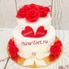 Свадебный торт "Алые розы" с цветами и бантом СТ203