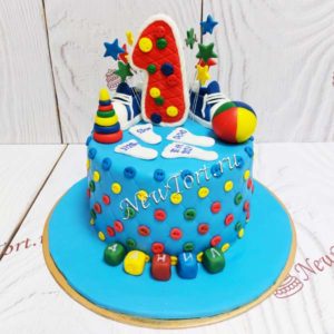 Торт на годик "Веселая цифра" с игрушками и метрикой ТГ091