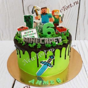 Торт Майнкрафт "Happy Birthday" с фигурками из мастики ТД327