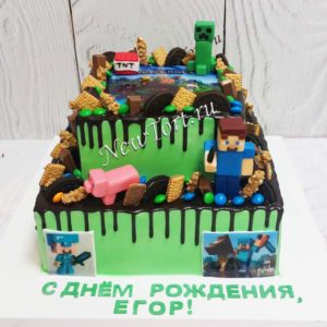 Торт Майнкрафт "Обычный мир" с фотопечатью и сладким украшением ТД321
