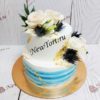 Свадебный торт "Морской бриз" с живыми цветами, мазками и золотом СТ489