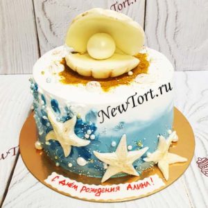 Торт "Жемчужина в ракушке" с морскими звездами и бусинами ТЖ338