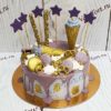 Торт "Золотая фиерия" с рожками, макарунс и лиловыми потеками ТЖ490