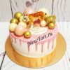 Торт для девочки "Рысенок" с фигуркой, шарами, золотыми бусинами и розовыми потеками ТД672