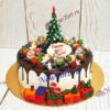 Новогодний торт "Нарядный" с елкой, ягодами и потеками НТ206