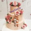 Свадебный торт "Влюбленные зайки" с фигурками, розами и бусинами СТ131