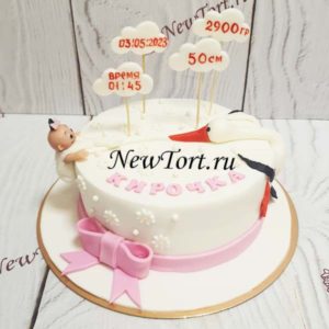 Торт "Аист прилетел" с фигуркой ребенка, аиста и метрикой ТГ216