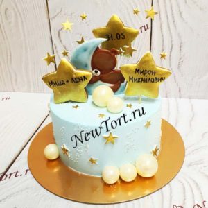 Торт "Звездная ночь" с пряничными золотыми звездами и сонным мишкой ТГ223